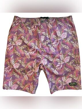 AussieBum Tropical Palm Leaf Shorts Purple Cotton Blend Stretch Waist Sz Medium